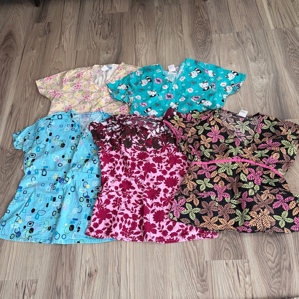 Assorted Patterned Scrub Tops - Bright Floral & Print Mix